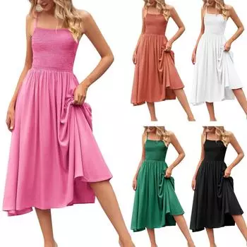 Женское модное летнее плиссированное богемное платье с квадратным вырезом и камзолом M чёрный