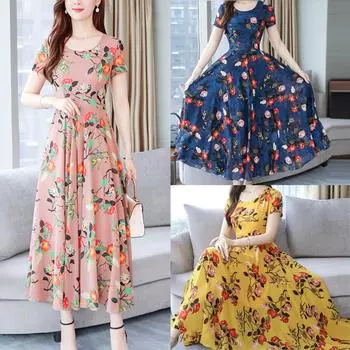 Женское модное летнее пляжное платье до середины икры с коротким рукавом и принтом M синий