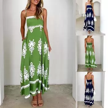 Женское модное летнее пляжное платье с принтом, длинное платье в стиле бохо на бретелях L зелёный