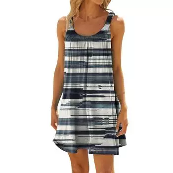 Женское модное летнее пляжное повседневное милое мини-платье без рукавов с принтом XXL чёрный