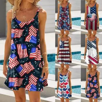 Женское модное летнее пляжное повседневное милое мини-платье без рукавов с принтом XXXL