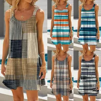 Женское модное летнее пляжное повседневное милое мини-платье без рукавов с принтом XXL чёрный