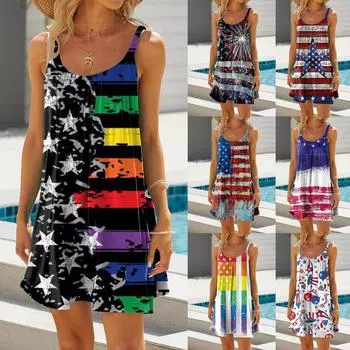 Женское модное летнее пляжное повседневное милое мини-платье без рукавов с принтом S