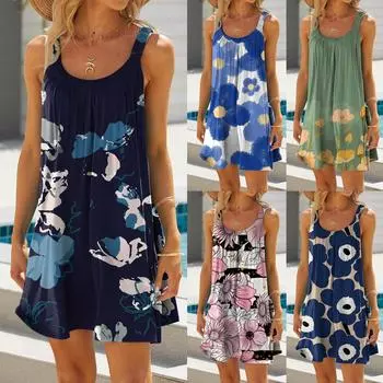 Женское модное летнее пляжное повседневное милое мини-платье без рукавов с принтом M синий