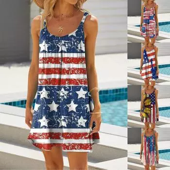 Женское модное летнее пляжное повседневное милое мини-платье без рукавов с принтом L