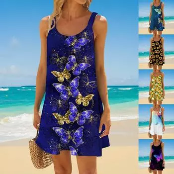 Женское модное летнее пляжное повседневное милое мини-платье без рукавов с принтом L чёрный