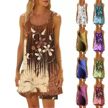 Женское модное летнее пляжное повседневное милое платье на бретельках без рукавов с принтом L синий