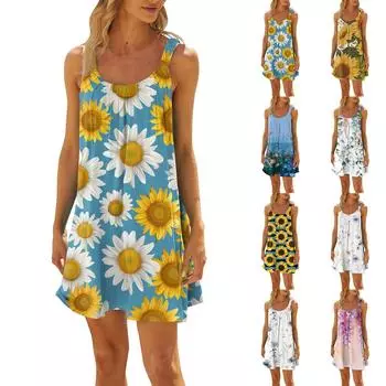 Женское модное летнее пляжное повседневное милое платье на бретельках без рукавов с принтом L синий