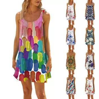 Женское модное летнее пляжное повседневное милое платье на бретельках без рукавов с принтом L синий