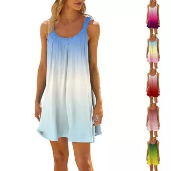 Женское модное летнее пляжное повседневное милое платье на бретельках без рукавов с принтом L зелёный