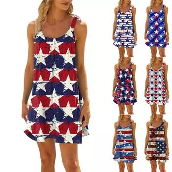 Женское модное летнее пляжное повседневное милое платье на бретельках без рукавов с принтом L синий