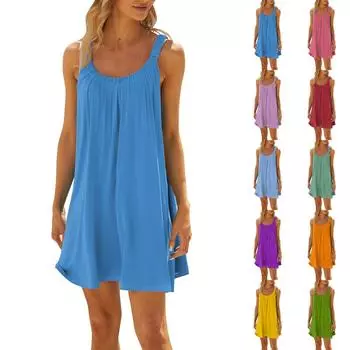 Женское модное летнее пляжное повседневное милое платье на бретельках без рукавов с принтом L синий