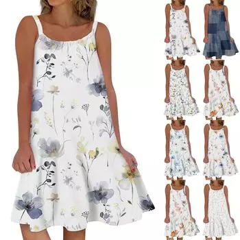 Женское модное летнее пляжное повседневное милое платье на бретельках без рукавов с принтом L бежевый