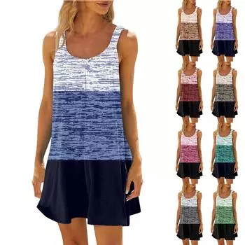 Женское модное летнее пляжное повседневное милое платье на бретельках без рукавов с принтом L синий