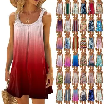 Женское модное летнее пляжное повседневное милое платье на бретельках без рукавов с принтом XL синий