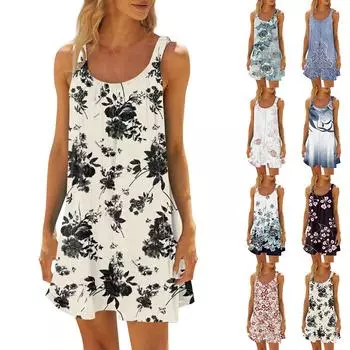Женское модное летнее пляжное повседневное милое платье на бретельках без рукавов с принтом L синий