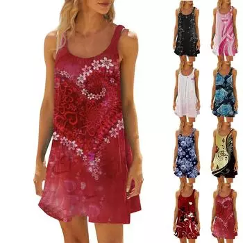 Женское модное летнее пляжное повседневное милое платье на бретельках без рукавов с принтом L чёрный