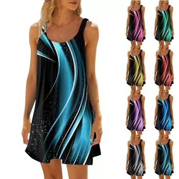 Женское модное летнее пляжное повседневное милое платье на бретельках без рукавов с принтом L синий