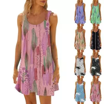 Женское модное летнее пляжное повседневное милое платье на бретельках без рукавов с принтом L чёрный