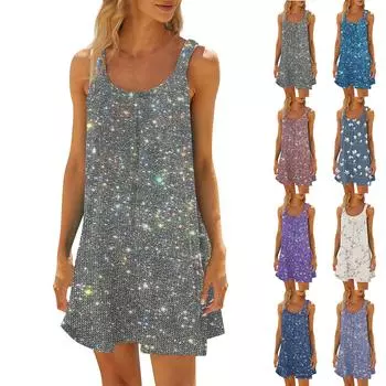 Женское модное летнее пляжное повседневное милое платье на бретельках без рукавов с принтом L синий