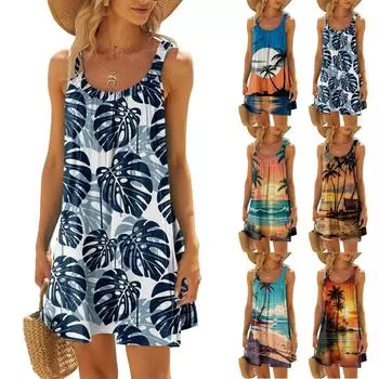 Женское модное летнее пляжное повседневное милое платье на бретельках без рукавов с принтом L синий