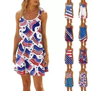 Женское модное летнее пляжное повседневное милое платье на бретельках без рукавов с принтом L синий