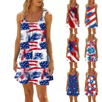 Женское модное летнее пляжное повседневное милое платье на бретельках без рукавов с принтом L синий