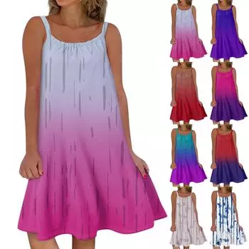 Женское модное летнее пляжное повседневное милое платье на бретельках без рукавов с принтом L синий