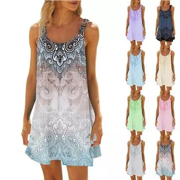 Женское модное летнее пляжное повседневное милое платье на бретельках без рукавов с принтом L зелёный