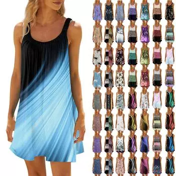 Женское модное летнее пляжное повседневное милое платье на бретельках без рукавов с принтом L синий