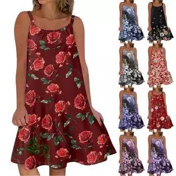 Женское модное летнее пляжное повседневное милое платье на бретельках без рукавов с принтом L чёрный