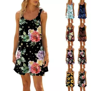 Женское модное летнее пляжное повседневное милое платье на бретельках без рукавов с принтом L чёрный