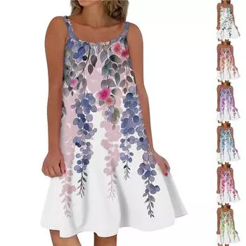 Женское модное летнее пляжное повседневное милое платье на бретельках без рукавов с принтом L синий