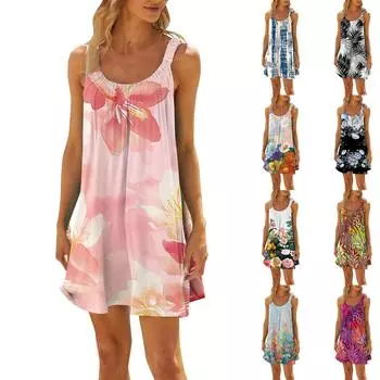 Женское модное летнее пляжное повседневное милое платье на бретельках без рукавов с принтом L чёрный