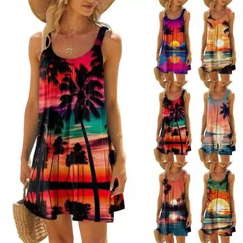 Женское модное летнее пляжное повседневное милое платье на бретельках без рукавов с принтом L оранжевый