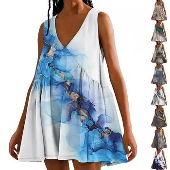 Женское модное летнее пляжное повседневное милое платье на бретельках без рукавов с принтом L синий