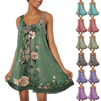 Женское модное летнее пляжное повседневное милое платье на бретельках без рукавов с принтом L циан