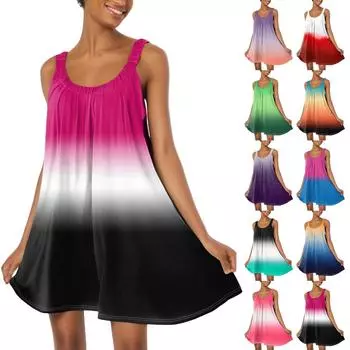 Женское модное летнее пляжное повседневное милое платье на бретельках без рукавов с принтом L синий