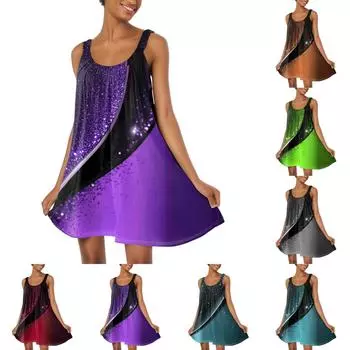 Женское модное летнее пляжное повседневное милое платье на бретельках без рукавов с принтом XXL фиолетовый