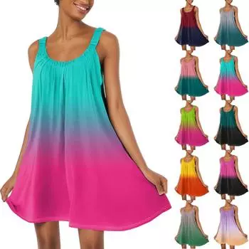 Женское модное летнее пляжное повседневное милое платье на бретельках без рукавов с принтом XL чёрный