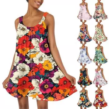 Женское модное летнее пляжное повседневное милое платье на бретельках без рукавов с принтом L бежевый