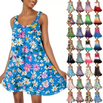 Женское модное летнее пляжное повседневное милое платье на бретельках без рукавов с принтом XL