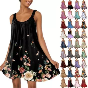 Женское модное летнее пляжное повседневное милое платье на бретельках без рукавов с принтом L чёрный
