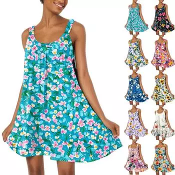 Женское модное летнее пляжное повседневное платье без рукавов с принтом, милое платье на бретелях, милое платье на бретелях M бежевый