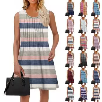 Женское модное летнее полосатое платье с принтом, свободное пляжное повседневное платье без рукавов для отдыха S красный