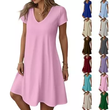 Женское модное летнее повседневное однотонное платье с коротким рукавом XXL кофейный