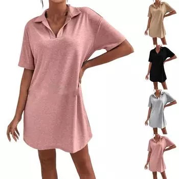 Женское модное летнее повседневное однотонное свободное платье с V-образным вырезом и лацканами L чёрный