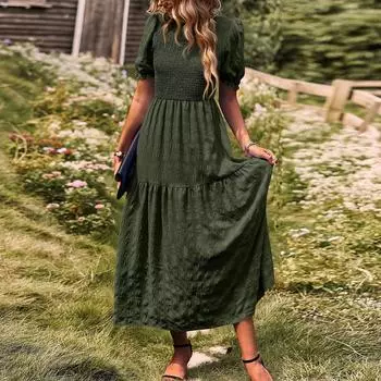 Женское модное летнее повседневное платье с короткими рукавами и круглым вырезом для отпуска L армия зеленый