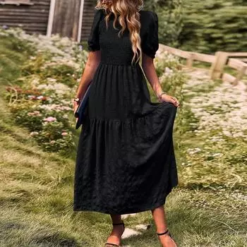 Женское модное летнее повседневное платье с короткими рукавами и круглым вырезом для отпуска L чёрный