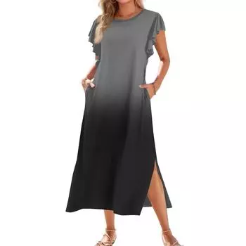 Женское модное летнее повседневное пляжное платье с плиссированными рукавами, свободными короткими рукавами с градиентным принтом, круглым галстуком и карманом M чёрный